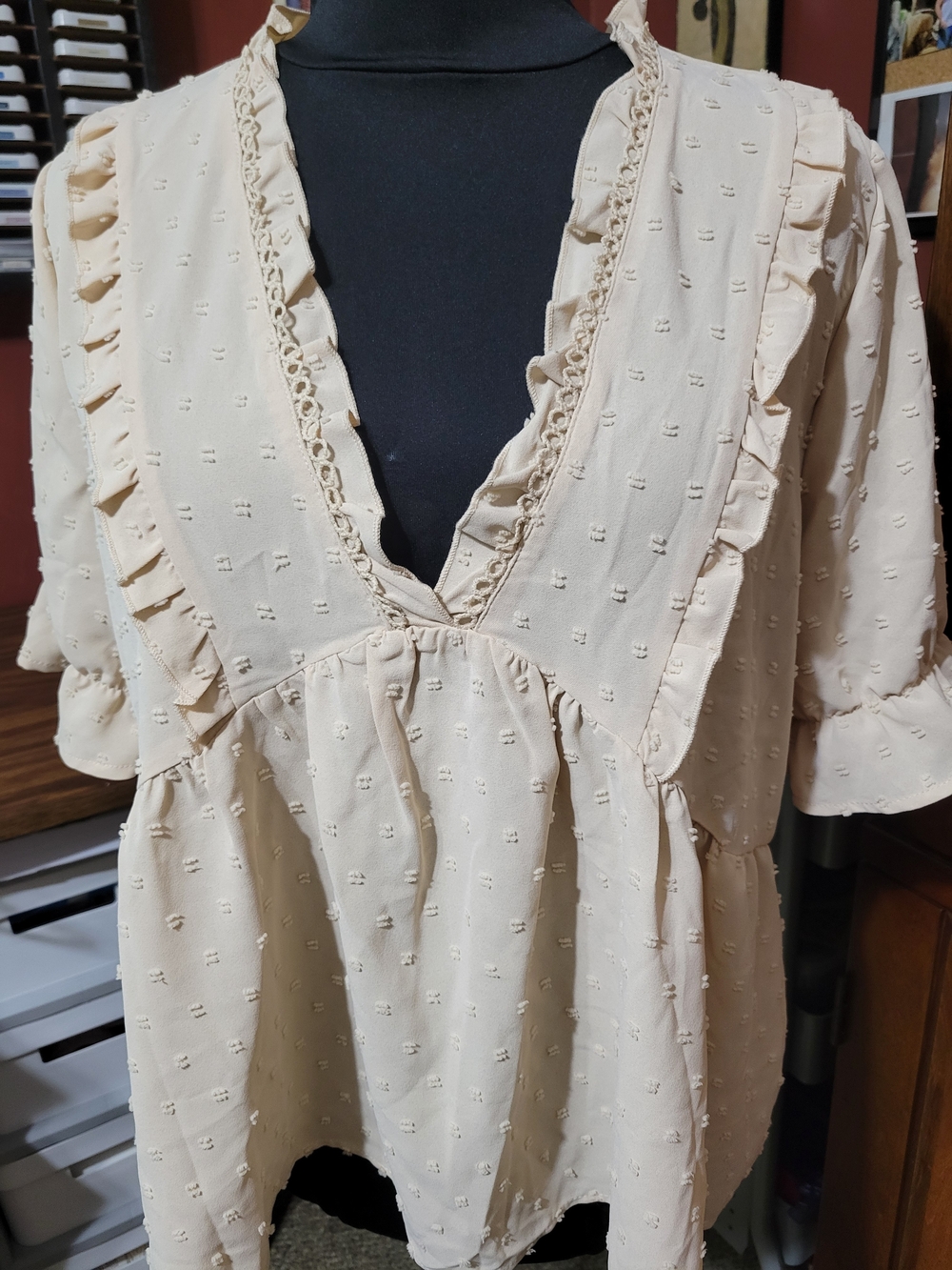 SHEIN Cream Ruffle V-Neck Peasant Blouse